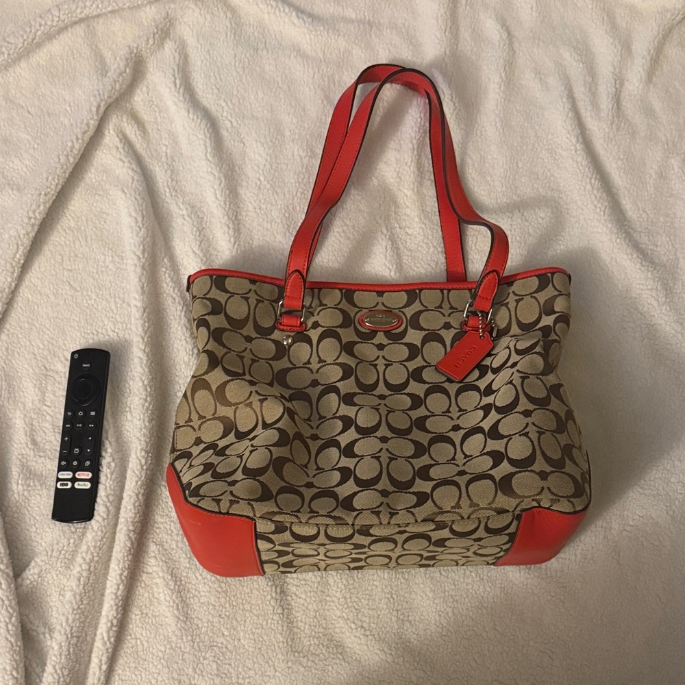 Coach Tan and Red Signature Tote